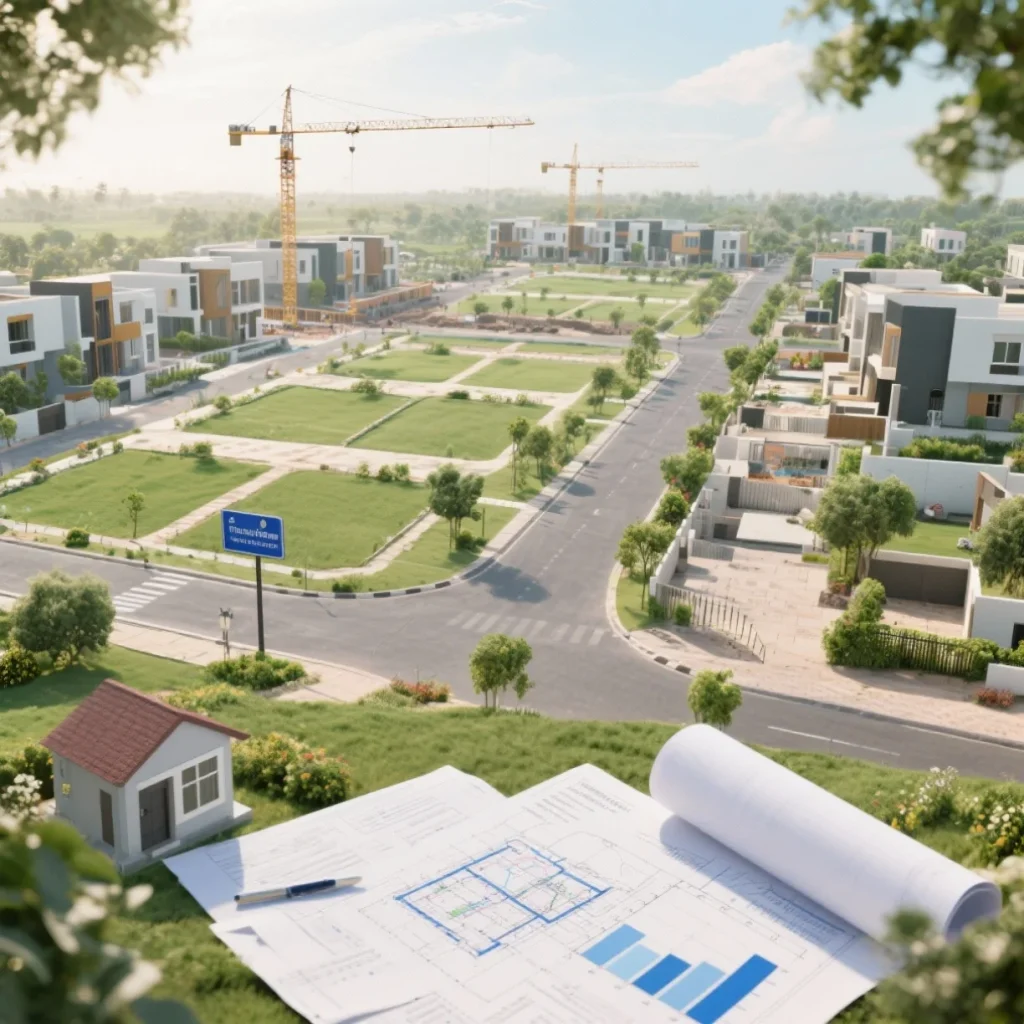 Modern housing society with plots, greenery, and construction representing real estate development