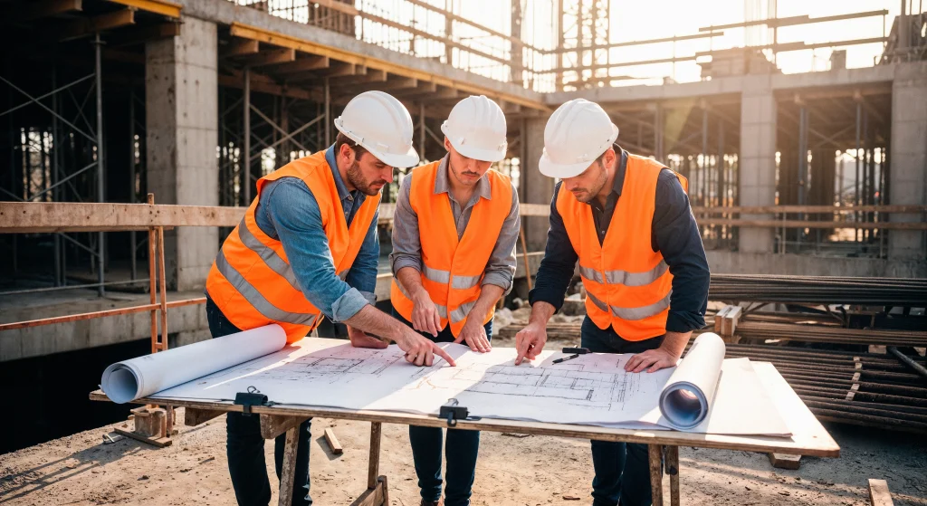 Three professional builders are examining construction papers and blueprints on a site table in Pakistan. The image represents builder credibility, teamwork and transparency in real estate project delivery.