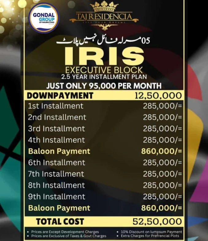 iris block taj residencia payment plan