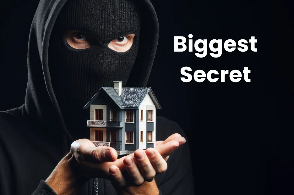 Man in black mask holding a model house showing commercial investment secrets in Islamabad