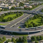 Rawalpindi Ring Road with buses and Margalla Hills in background.